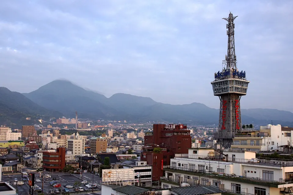 Beppu city and hot-spring steam