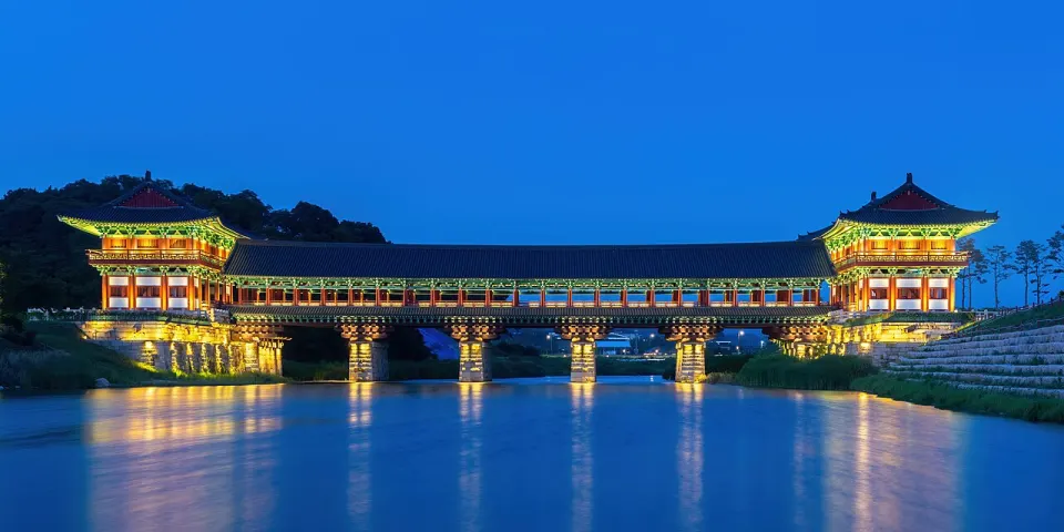 Woljeonggyo Bridge illuminated at blue hour