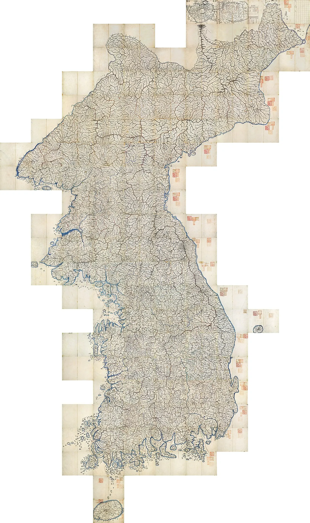 The Daedongyeojido, an intricate 1861 woodblock-printed map of the entire Korean peninsula in fine black linework